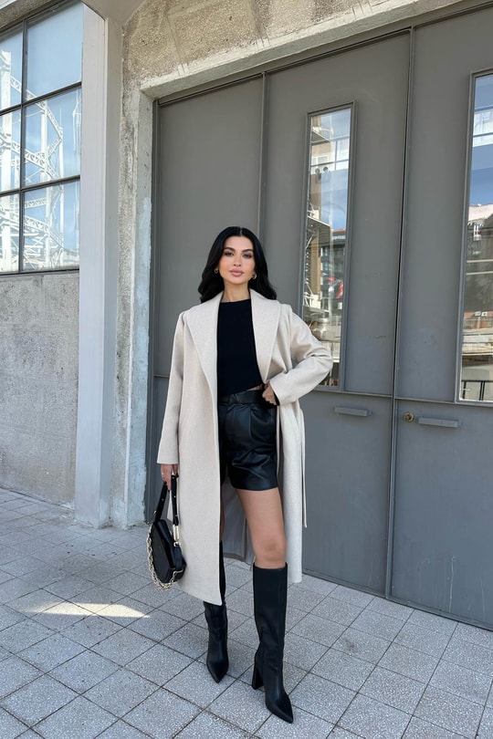Kuşaklı Kaşe Kaban Bej