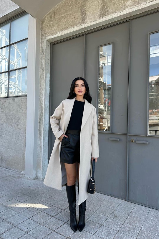 Kuşaklı Kaşe Kaban Bej