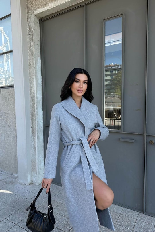 Kuşaklı Kaşe Kaban Gri