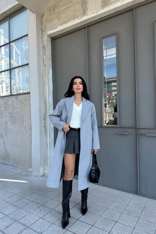 Kuşaklı Kaşe Kaban Gri