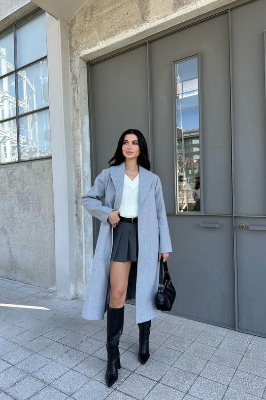 Kuşaklı Kaşe Kaban Gri