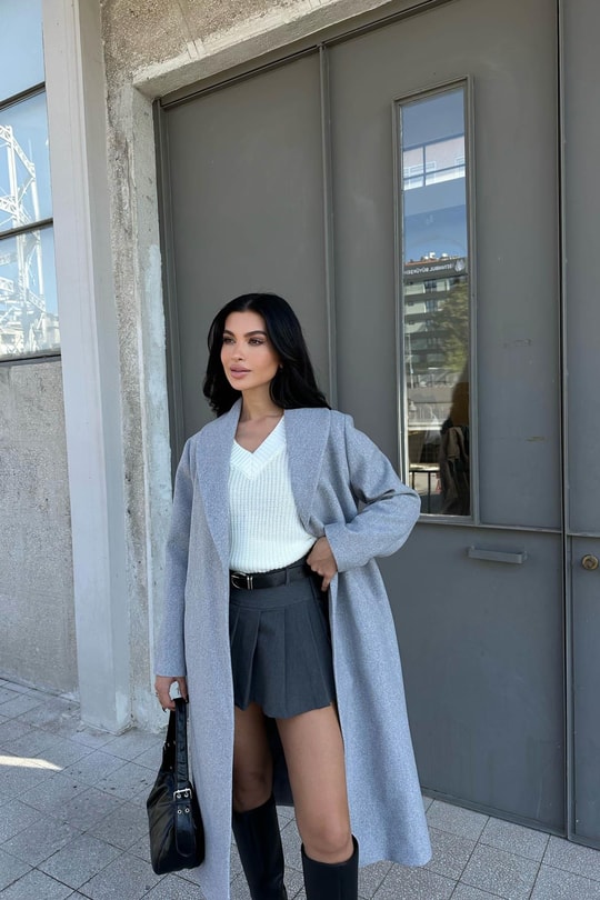 Kuşaklı Kaşe Kaban Gri