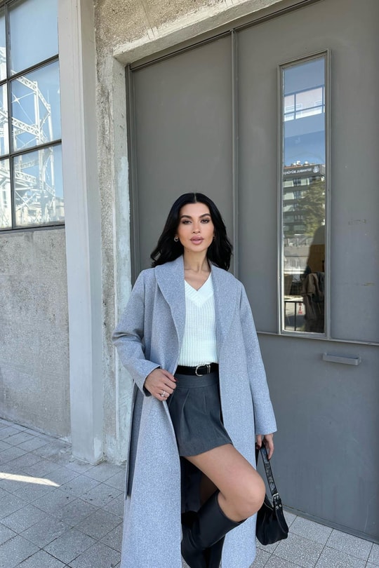 Kuşaklı Kaşe Kaban Gri