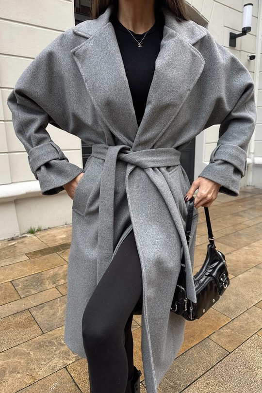 Kuşaklı Oversize Kaşe Kaban Antrasit