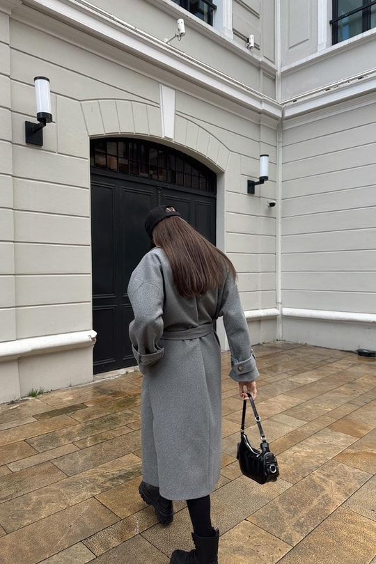 Kuşaklı Oversize Kaşe Kaban Antrasit