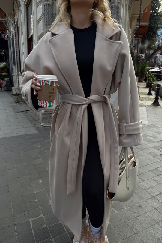 Kuşaklı Oversize Kaşe Kaban Krem