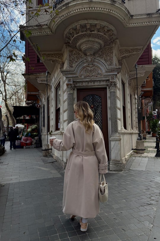 Kuşaklı Oversize Kaşe Kaban Krem