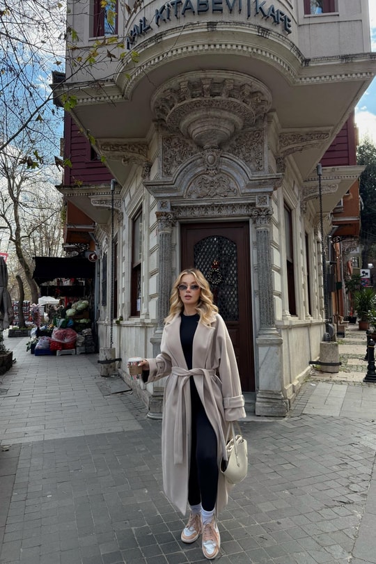 Kuşaklı Oversize Kaşe Kaban Krem