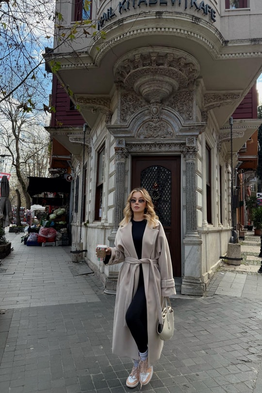 Kuşaklı Oversize Kaşe Kaban Krem