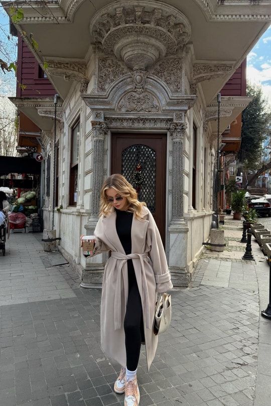 Kuşaklı Oversize Kaşe Kaban Krem