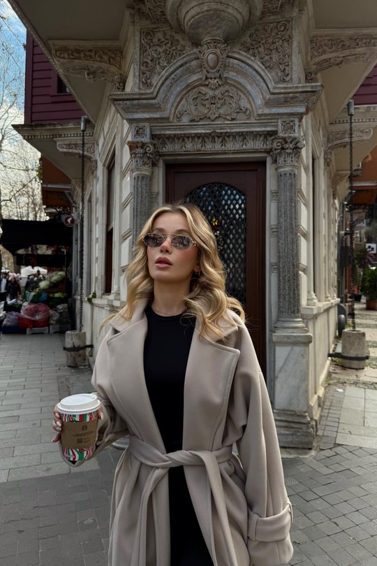 Kuşaklı Oversize Kaşe Kaban Krem