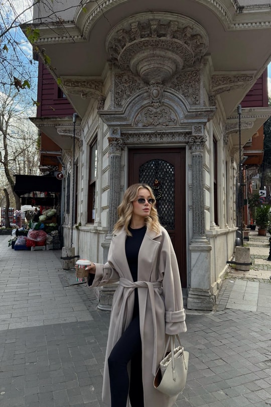 Kuşaklı Oversize Kaşe Kaban Krem