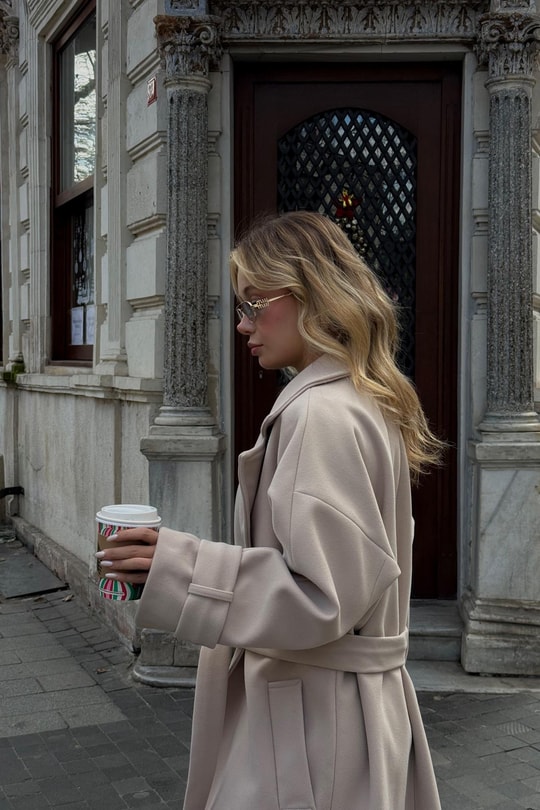 Kuşaklı Oversize Kaşe Kaban Krem