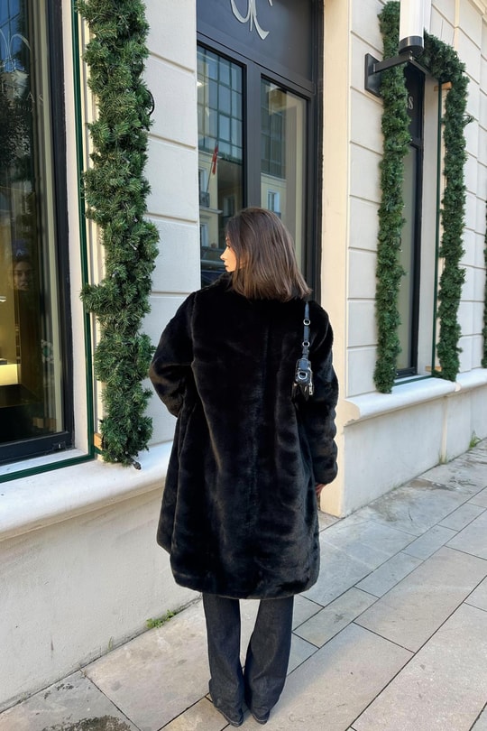 Leopar Astar Peluş Kürk Kaban Siyah