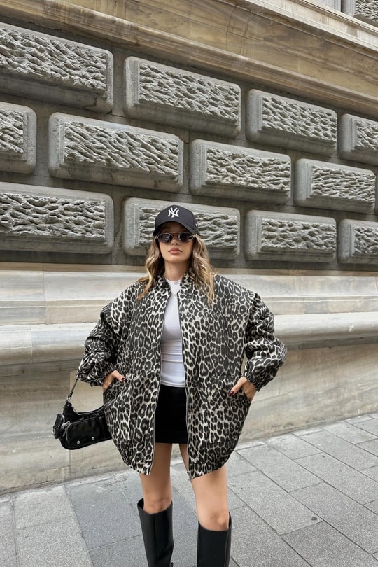 Leopar Desen  Bomber Ceket Kahve