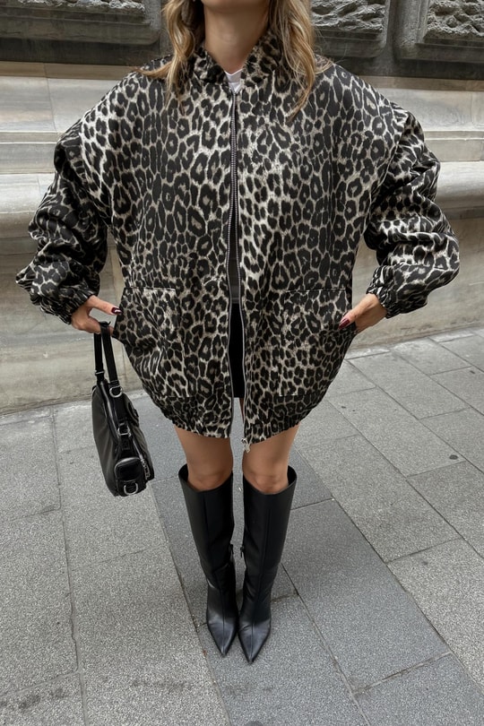 Leopar Desen  Bomber Ceket Kahve
