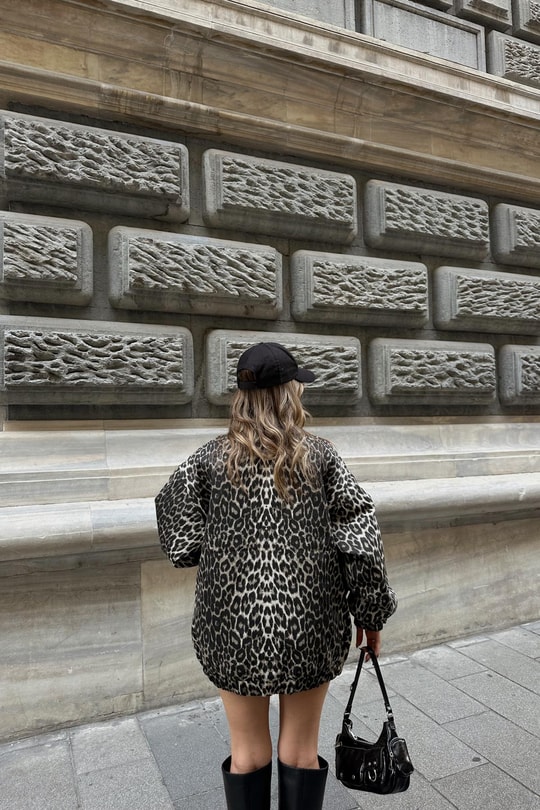 Leopar Desen  Bomber Ceket Kahve