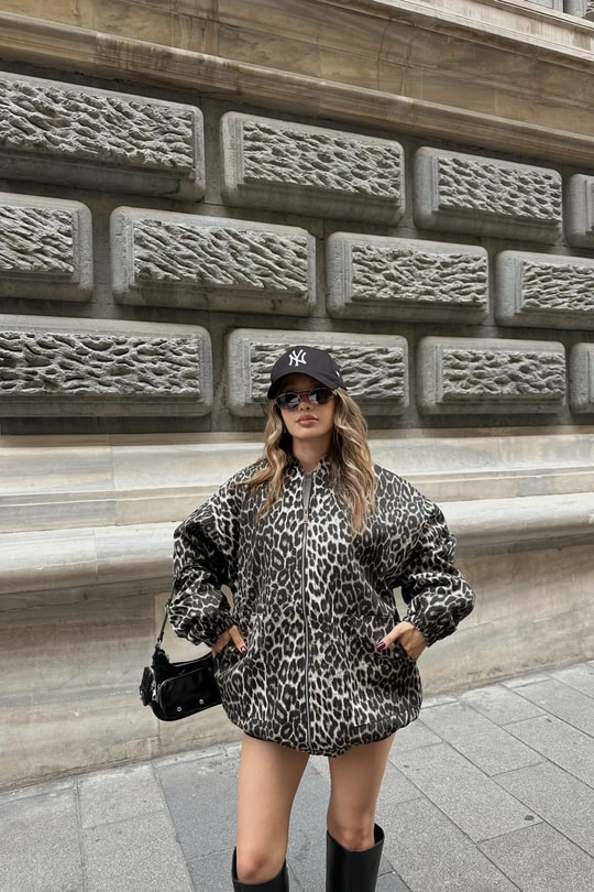 Leopar Desen  Bomber Ceket Kahve