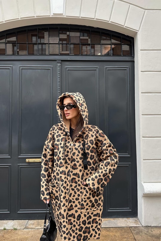 Leopar Oversize Tüylü İnce Kaban Camel