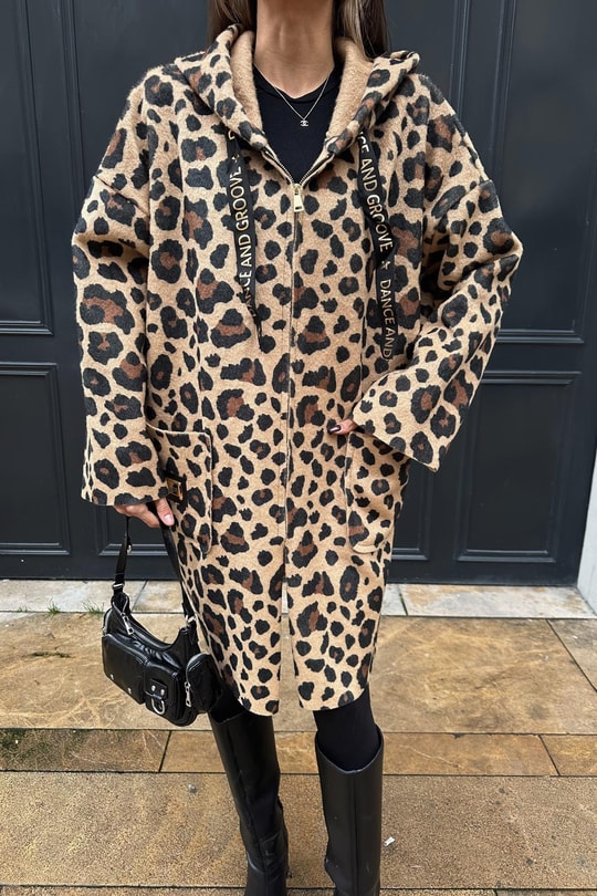 Leopar Oversize Tüylü İnce Kaban Camel