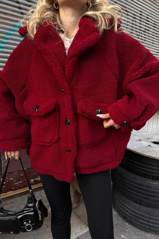 Oversize Düğmeli Peluş Mont Bordo