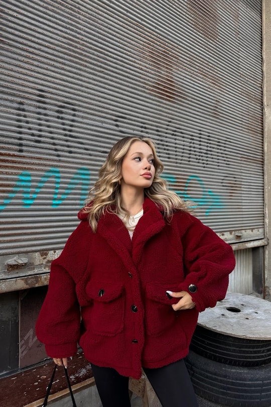 Oversize Düğmeli Peluş Mont Bordo