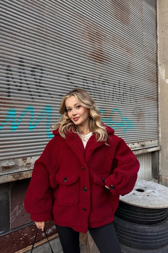 Oversize Düğmeli Peluş Mont Bordo