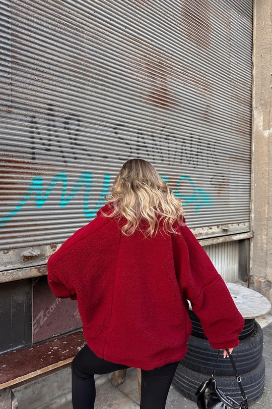 Oversize Düğmeli Peluş Mont Bordo