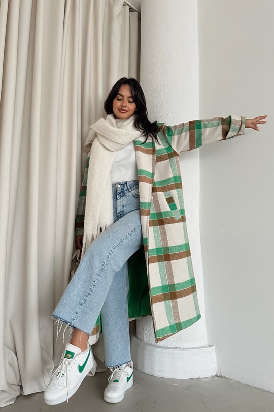 Oversize Ekose Kaşe Kaban Yeşil