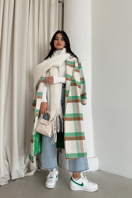 Oversize Ekose Kaşe Kaban Yeşil
