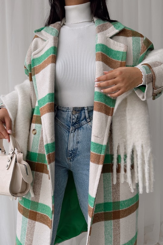 Oversize Ekose Kaşe Kaban Yeşil