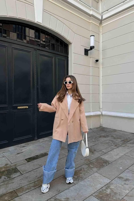 Oversıze Kaşe Kaban Camel