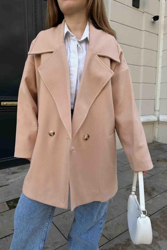 Oversıze Kaşe Kaban Camel