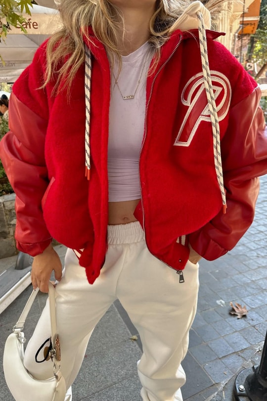 Powergirl Deri Garnirli Yumoş Mont Kırmızı