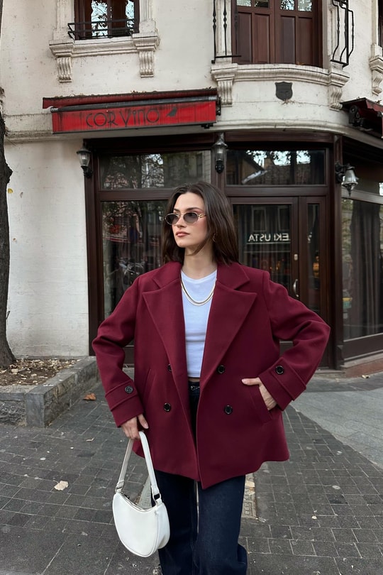 Premium Kruvaze Kısaı Kaban Bordo