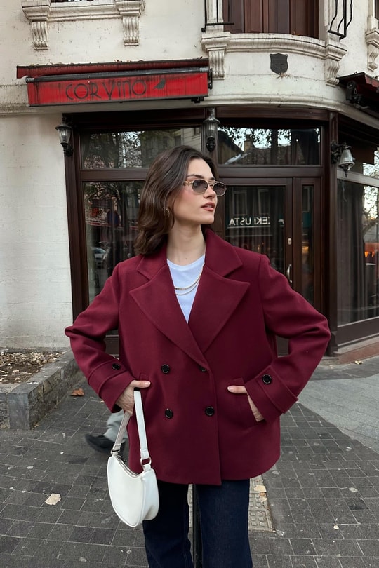 Premium Kruvaze Kısaı Kaban Bordo