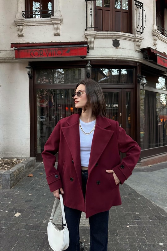 Premium Kruvaze Kısaı Kaban Bordo