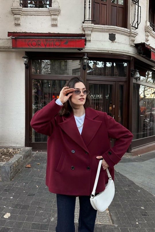 Premium Kruvaze Kısaı Kaban Bordo