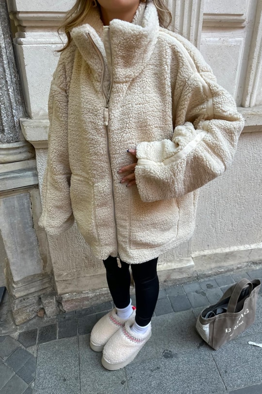 Teddy Fermuarlı Mont Bej