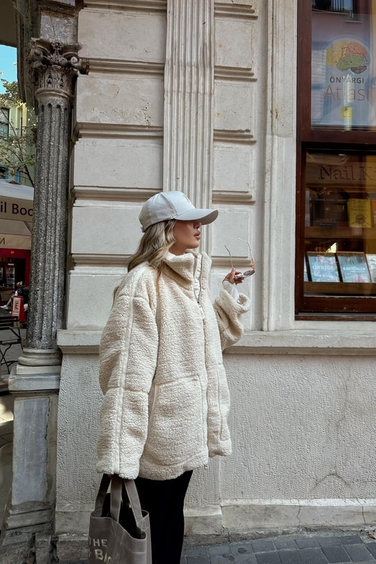 Teddy Fermuarlı Mont Bej