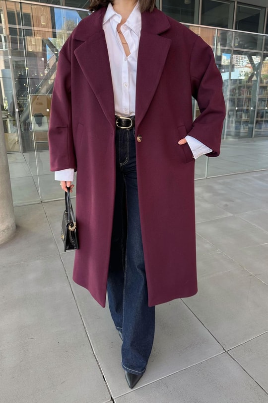 Tek Düğme Kaşe Kaban Bordo