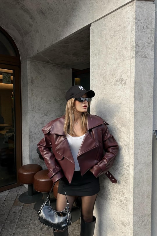 Vatkalı Cropped Deri Ceket Bordo