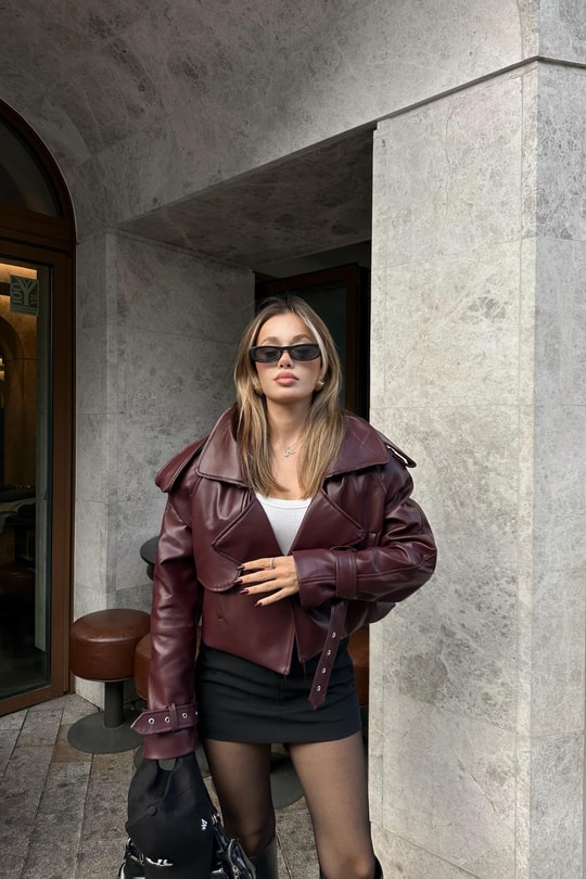 Vatkalı Cropped Deri Ceket Bordo