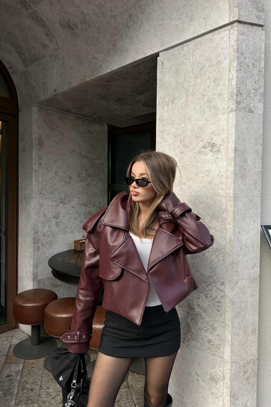 Vatkalı Cropped Deri Ceket Bordo