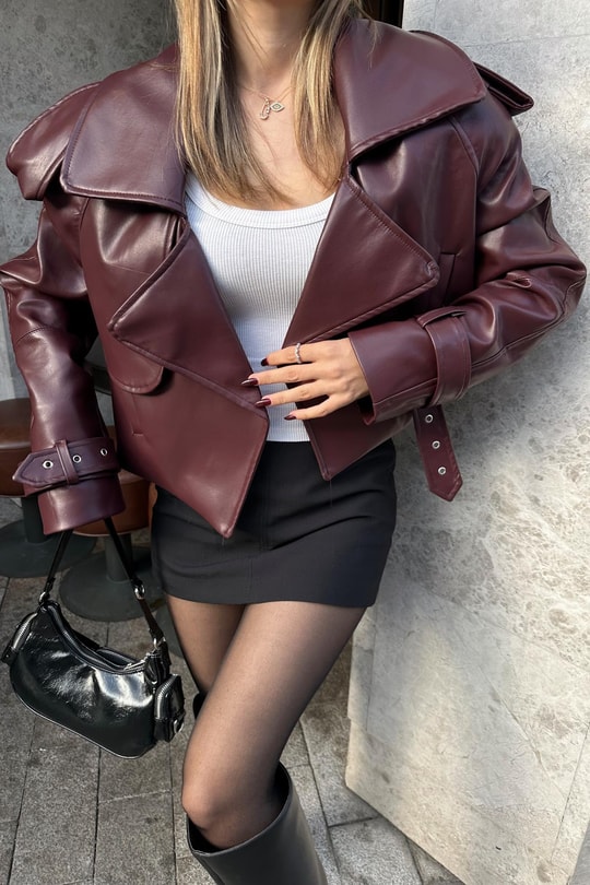 Vatkalı Cropped Deri Ceket Bordo
