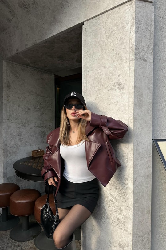 Vatkalı Cropped Deri Ceket Bordo