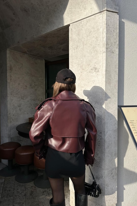 Vatkalı Cropped Deri Ceket Bordo
