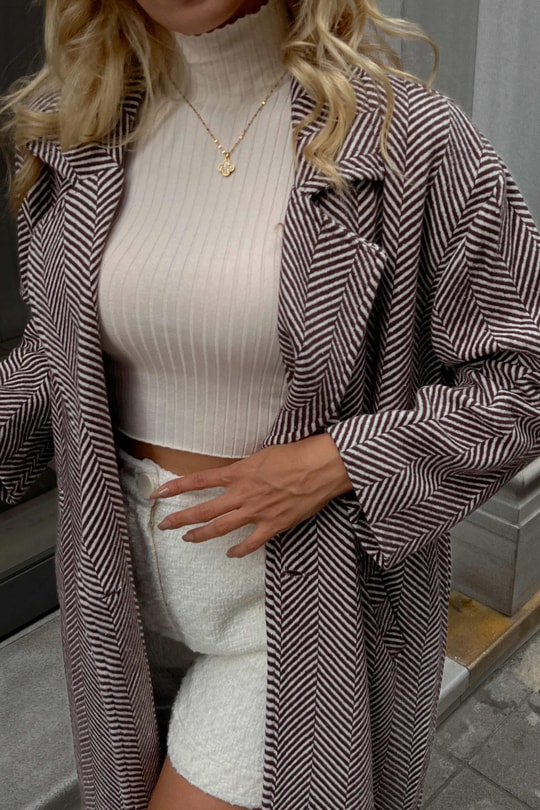 Zikzak Desenli Oversize Kaban Kahve