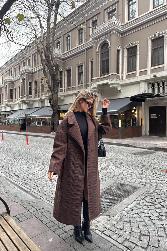Zikzak Oversize Maxi Kaban Kahve