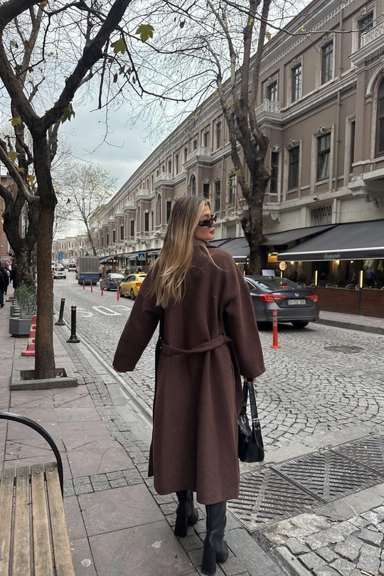 Zikzak Oversize Maxi Kaban Kahve